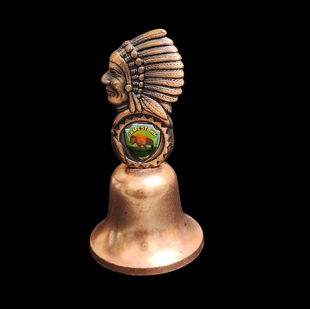 Vintage Copper Pictures souvenir Bell with Native American Design jamestown N.D.